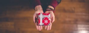 Hands holding a small present from a raised overhead angle.