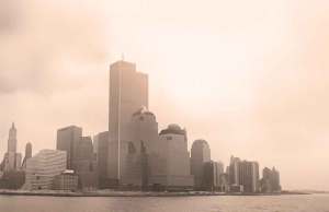New york city skyline in foggy weather.