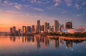 Miami skyline from the water at sunset