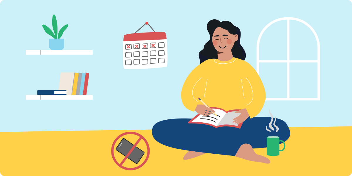 Dopamine detox graphic with woman journaling and sipping tea