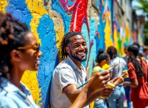 A multicultural neighborhood gathering, painting a mural on an outside wall.