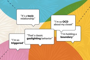 Speech bubbles with therapy speak phrases "toxic relationship," "triggered," "gaslighting," "OCD," and "boundary" on geometric background